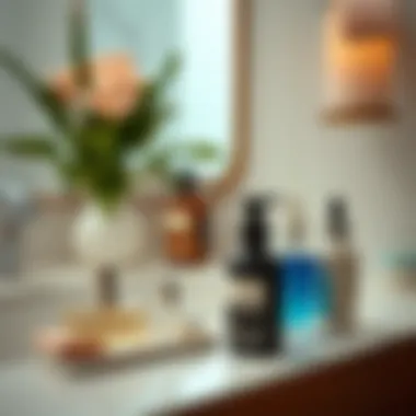 A serene bathroom setting with skincare routine essentials