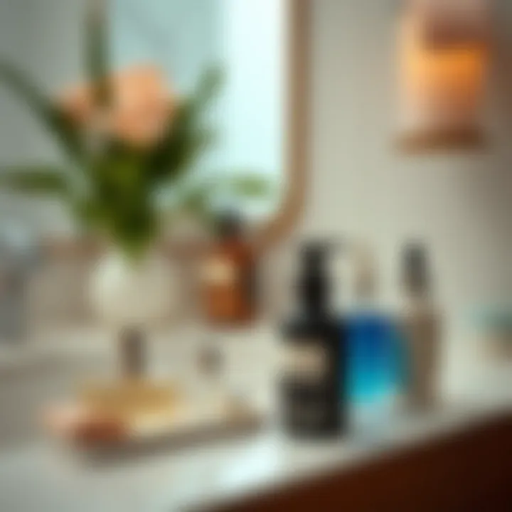 A serene bathroom setting with skincare routine essentials