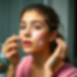 A young girl applying moisturizer on her face