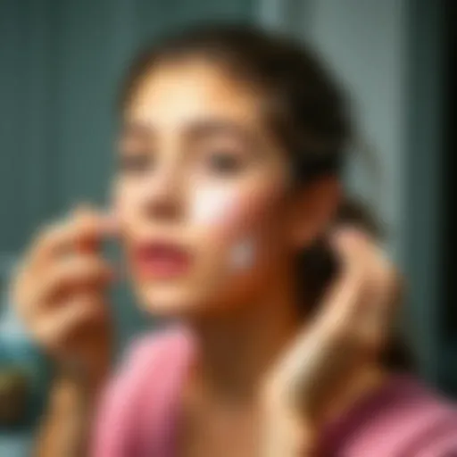 A young girl applying moisturizer on her face