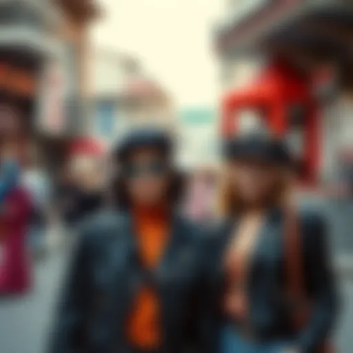 A vibrant street scene showcasing 1980s fashion trends