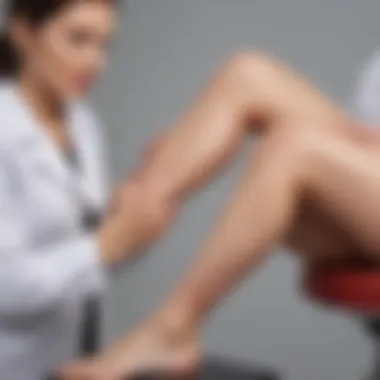 Dermatologist examining a patient's leg with red spots