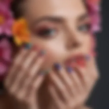 Colorful nail art featuring floral patterns on almond nails