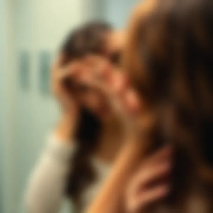 A woman examining her scalp in front of a mirror, concerned about hair health.