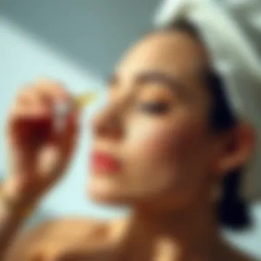 A serene image depicting a person applying vitamin C serum on their face with a gentle touch.