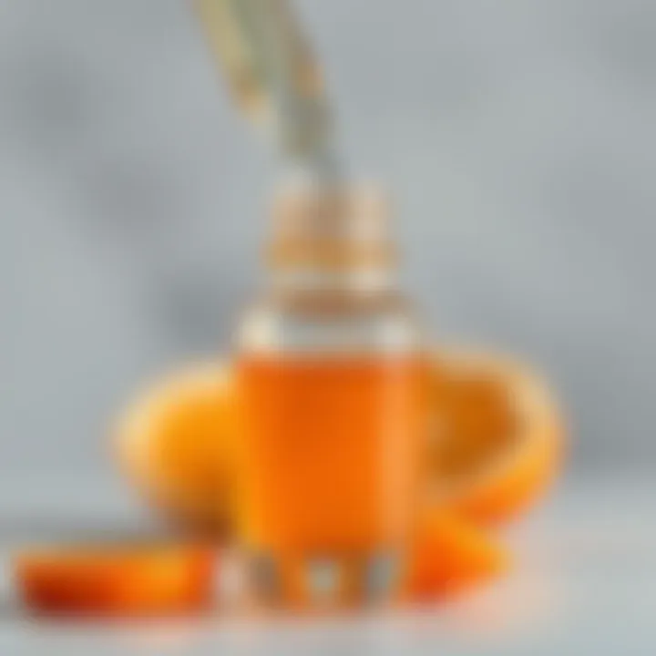 A close-up of a glass dropper bottle filled with vitamin C serum, showcasing the rich texture.