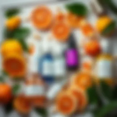 An elegant flat lay of various vitamin C serums arranged artistically with natural elements like citrus fruits.