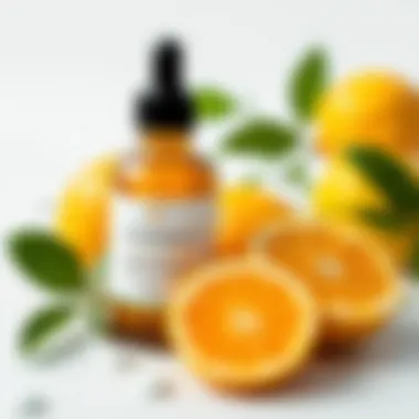 A vibrant image featuring fresh oranges and lemons next to a vitamin C serum bottle, representing natural sources.