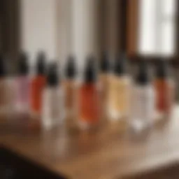 A collection of various skin serums in elegant bottles on a wooden table.