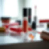 A close-up view of various lip gloss ingredients on a sleek surface