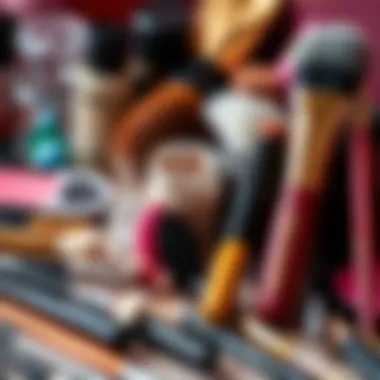 An array of tools and brushes used for applying colorful eye makeup