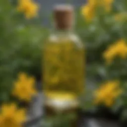 Close-up view of St. John's Wort oil in a glass bottle surrounded by fresh plants