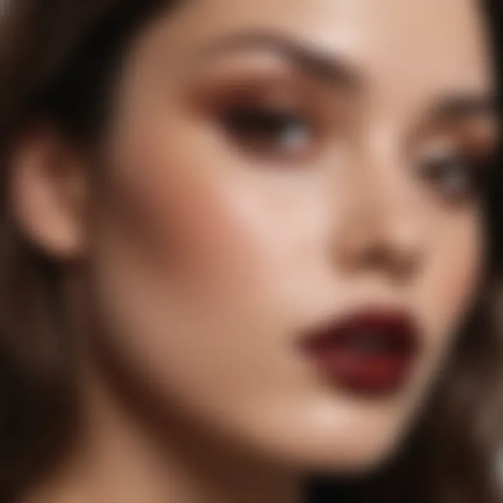 Close-up of a model wearing dark brown lipstick in a natural setting