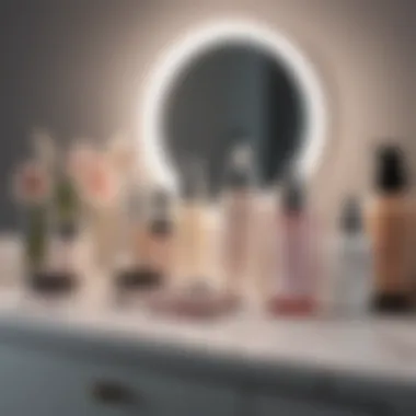 An artistic arrangement of various skincare products on a vanity