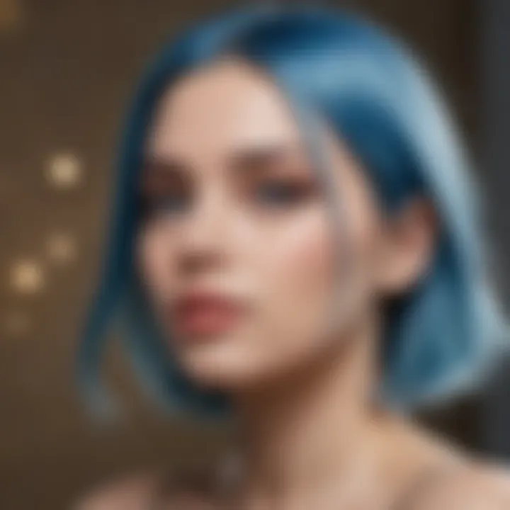 Close-up of blue hair dye application techniques.