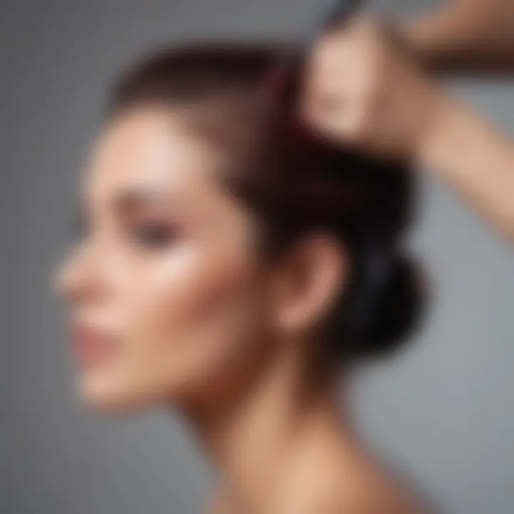 A close-up of a brush applying hair dye on strands.