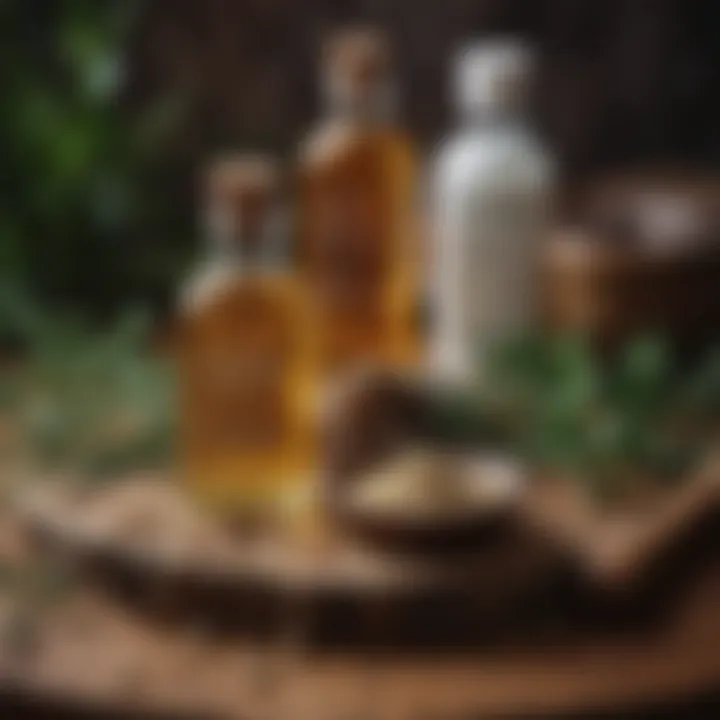 Natural ingredients used in hair tonics, displayed aesthetically on a wooden table