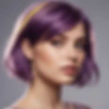 Model Showcasing a Yellow and Purple Hair Blend A model displaying a hairstyle with yellow and purple blend