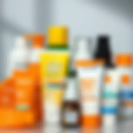 A close-up of various sunscreen products arranged aesthetically, showcasing diverse packaging.