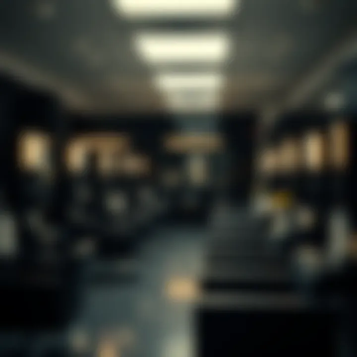 Salon interior focused on V haircut styling stations