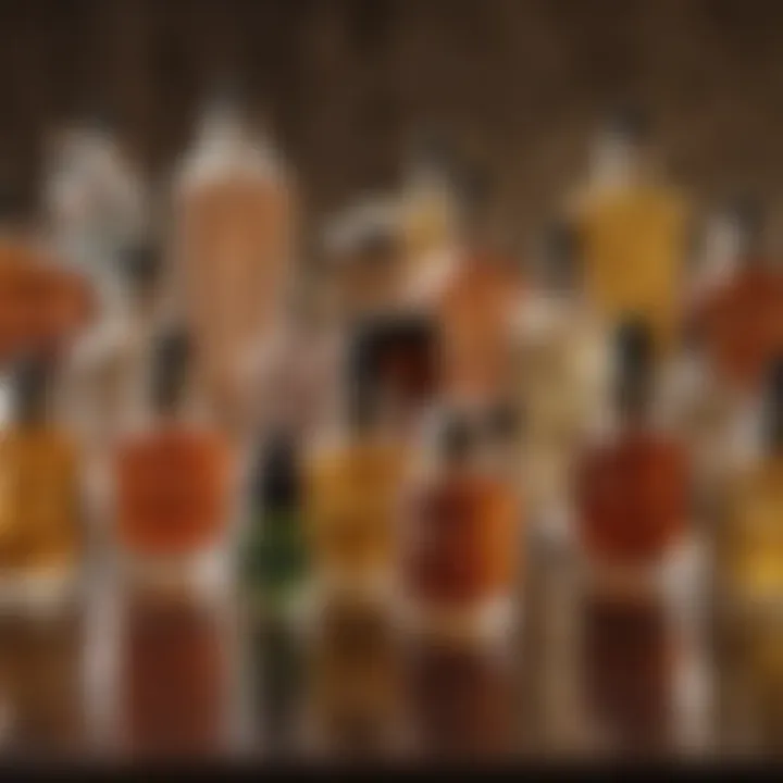 An aesthetically pleasing display of different face oils in decorative bottles