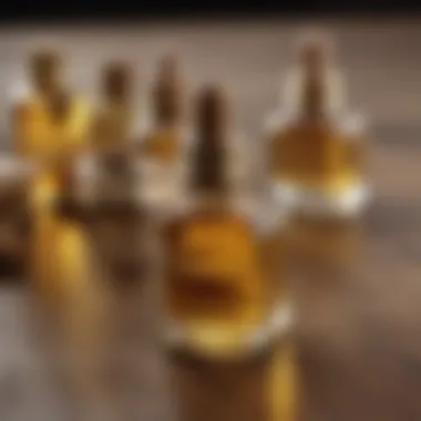 A serene close-up of natural oils arranged elegantly on a wooden surface